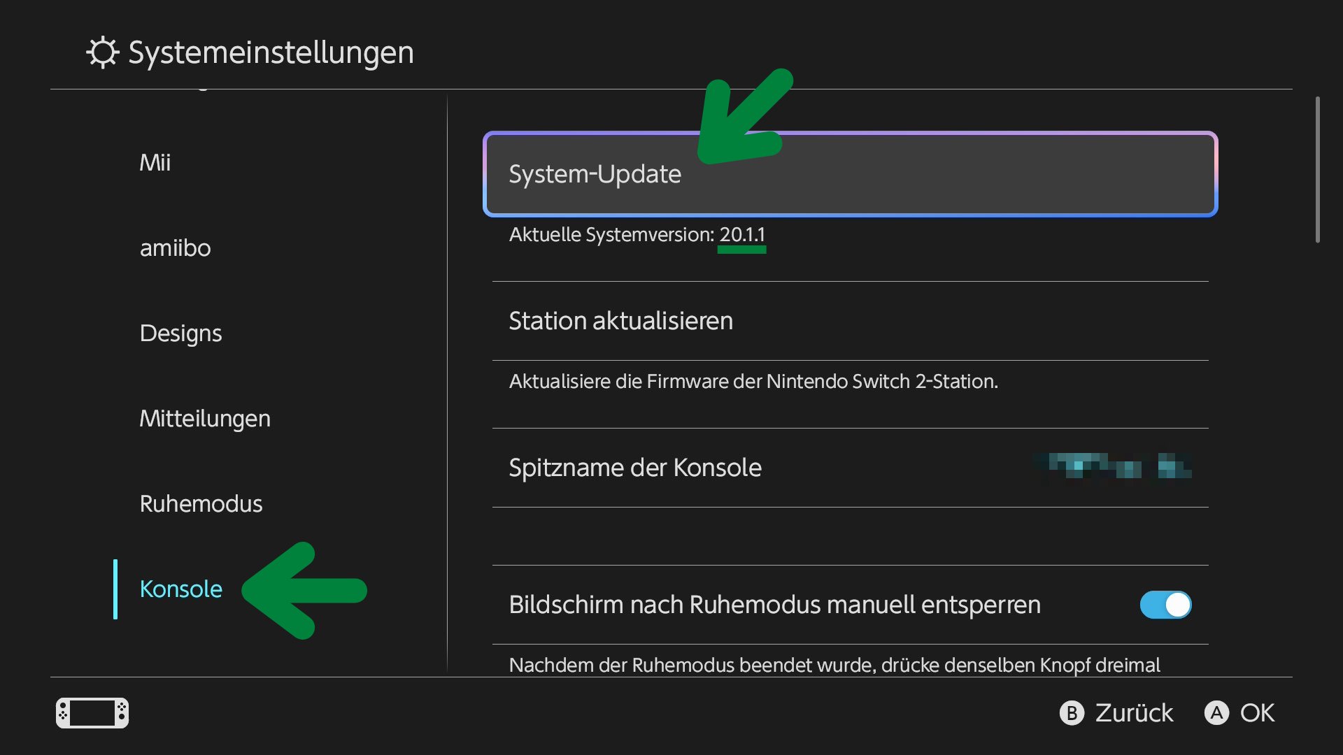 In the system settings you navigate to the last menu item, Console. The first option, “System Update”, lets you search for updates to the system software.