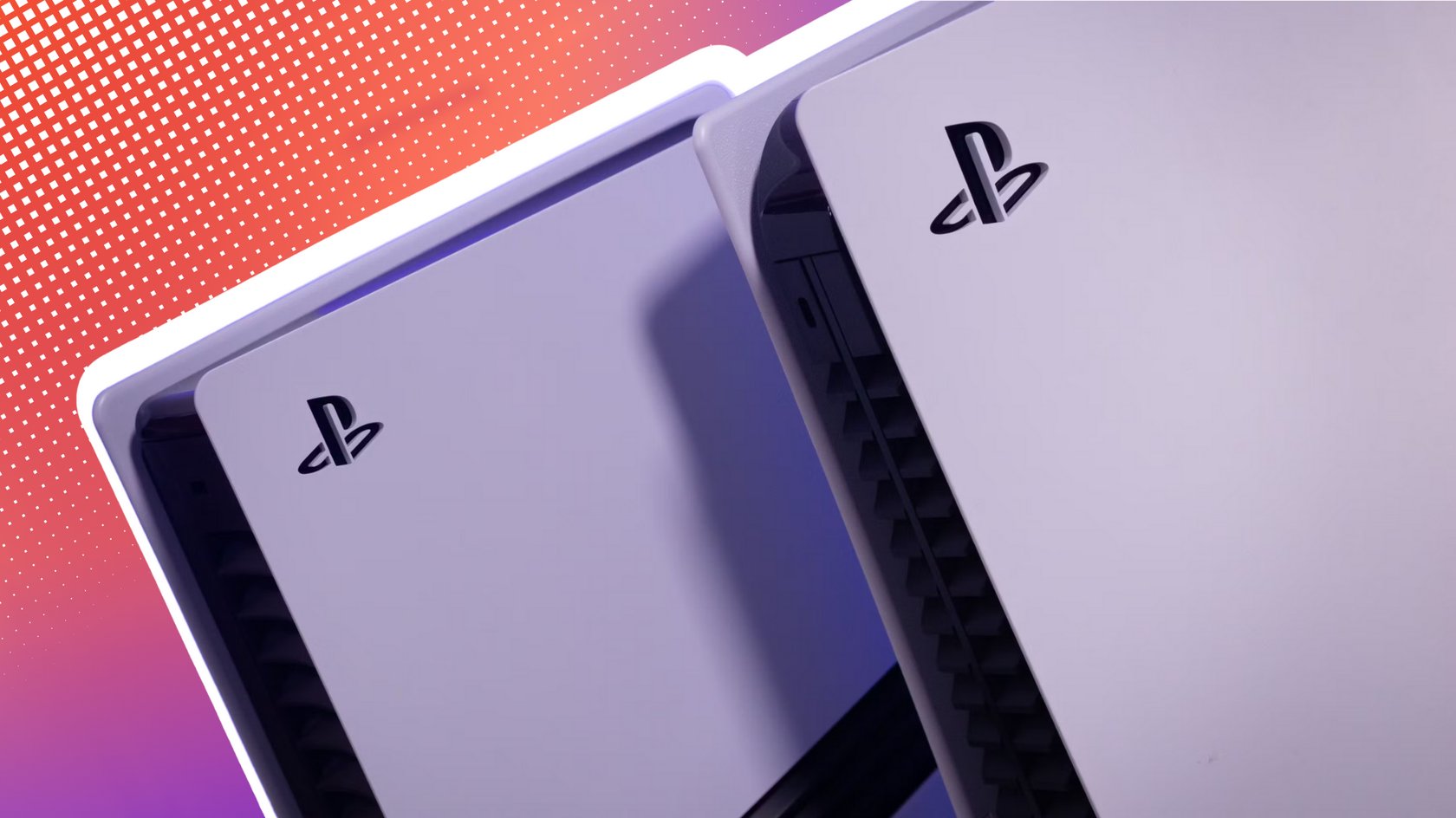 Eine PS5 und eine PS5 Pro vor einem roten Bildschirm. 