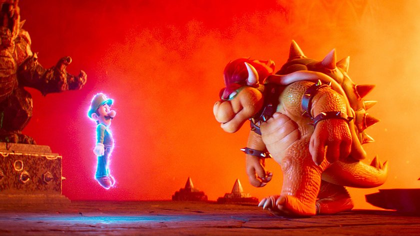 Szene aus The Super Mario Bros. Movie aus dem Jahr 2023 mit Bowser und Luigi.