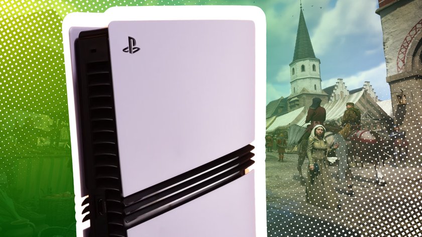 PS5 Pro vor einem Screenshot aus Kingdom Come Deliverance 2