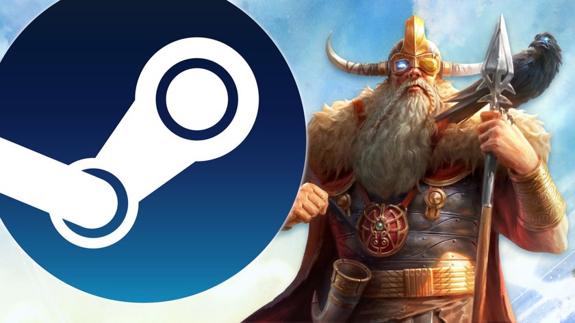 Odin aus Age of Mythology: Retold, im Vordergrund das Steam-Logo