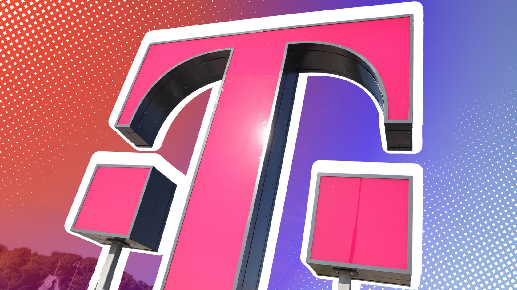 Telekom-Logo vor blauem Himmel, Hintergrund rot-blau