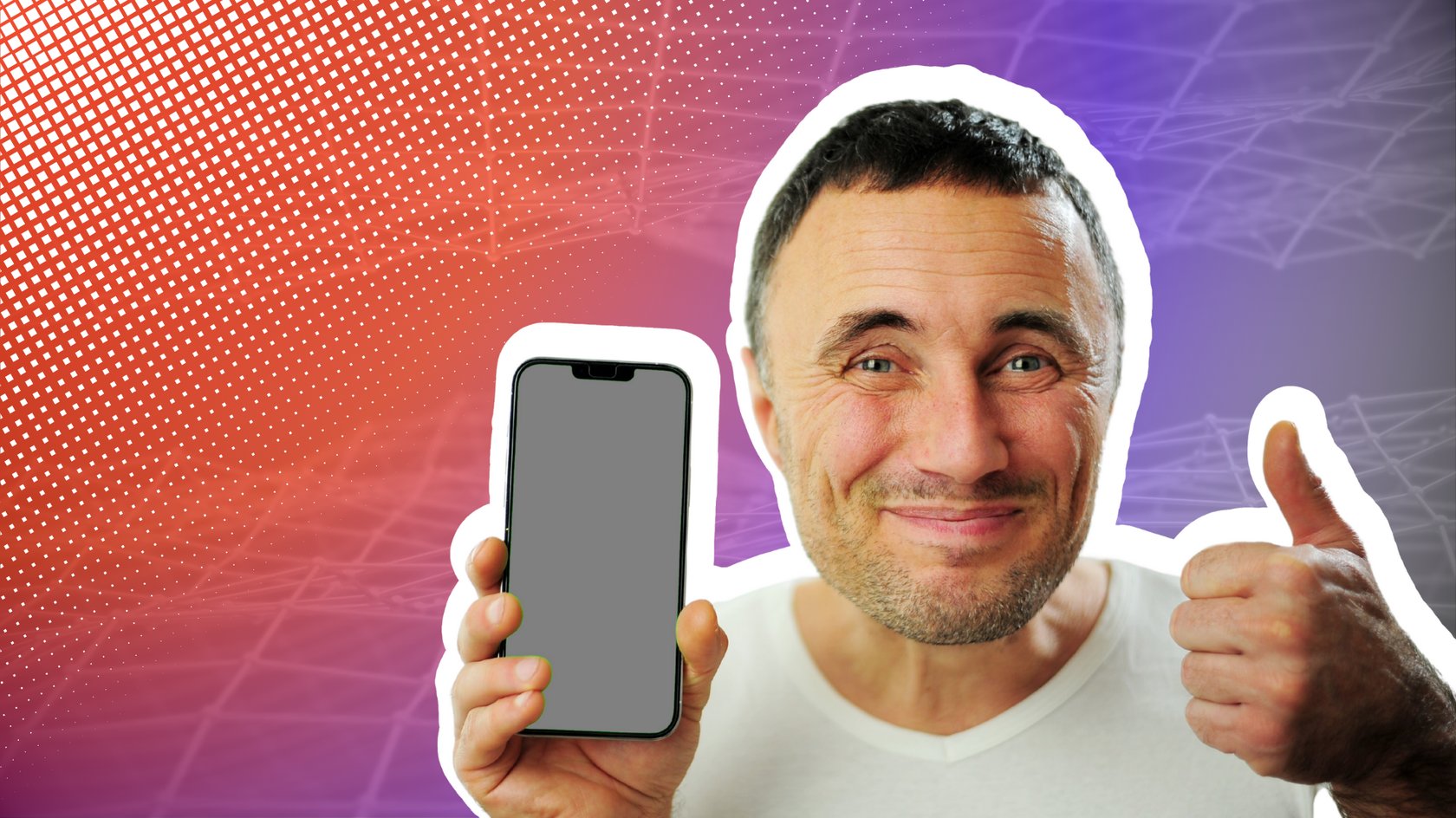 Mann im weißen T-Shirt hält ein Smartphone mit grauem Bildschirm hoch und zeigt den Daumen nach oben.