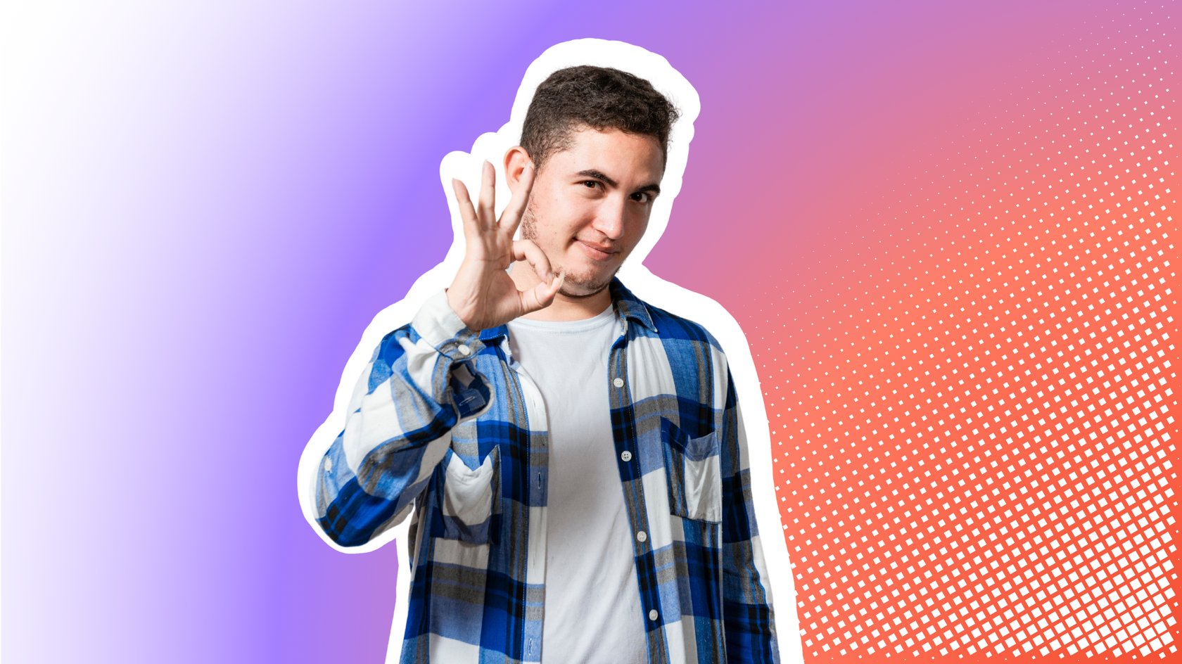 Mann in kariertem Hemd zeigt das "Okay"-Handzeichen vor einem farbigen, lila-orangefarbenen Hintergrund mit einem Punktmuster.