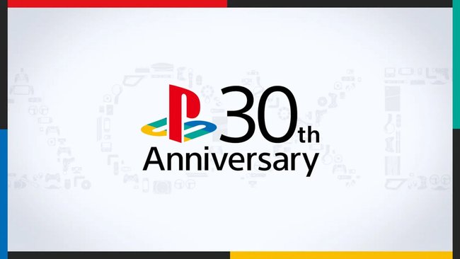 Banner von Sony anlässlich 30 Jahre PlayStation mit Piktogrammen verschiedener PlayStation-Produkte