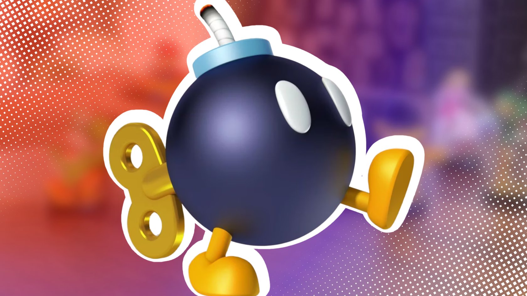 Bob-omb aus Super Mario vor einem roten Hintergrund.