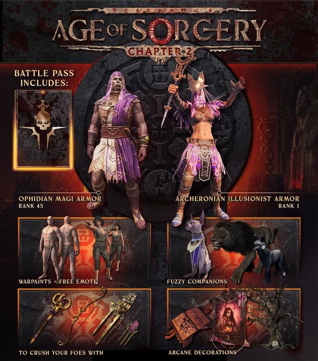 Werbegrafik für "Conan Exiles: Age of Sorcery Chapter 2" Battle Pass. In der Mitte stehen zwei Figuren in lila Rüstungen: links die "Ophidian Magi Armor" (Rang 45) und rechts die "Archeronian Illusionist Armor" (Rang 1). Links oben wird der Battle Pass hervorgehoben, der verschiedene Belohnungen beinhaltet, darunter Kriegsbemalungen, ein kostenloses Emote, flauschige Begleiter (eine Katze, ein Löwe und ein Wolf), Waffen zur Feindbekämpfung und arkanen Dekorationen wie ein Buch und ein Baum.