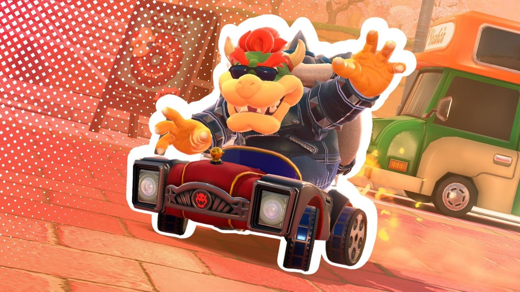 Bowser auf der Nobelkarosse in Mario Kart World.