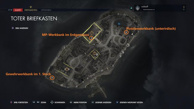 Das Bild zeigt die Map von der Mission „Toter Briefkasten“. Auf ihr sind alle Fundorte der Werkbänke eingekreist.