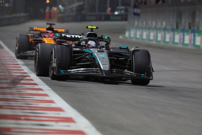 Photo of the Formula 1 Grand Prix in Las Vegas 2025. Driver Kimi Antonelli can be seen in the Mercedes AMG Petronas F1 racing car.