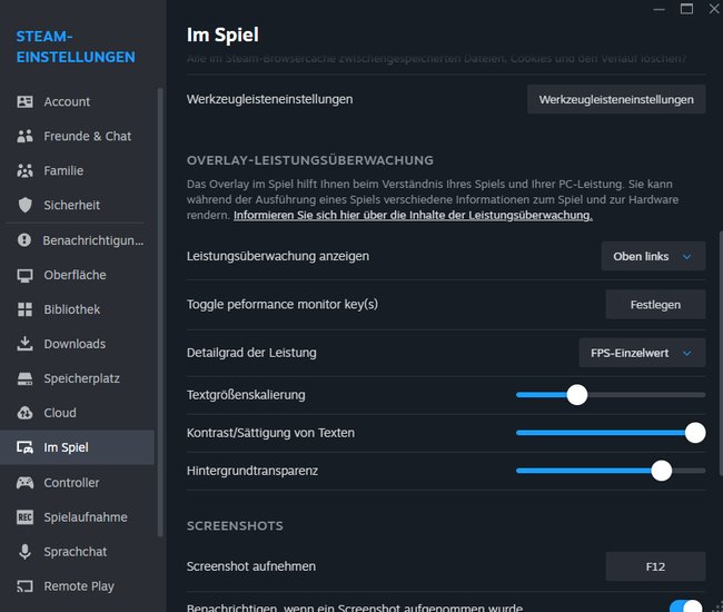 Menü der Plattform Steam, auf der sich die Einstellungen des Leistungs-Overlay anpassen lassen können.
