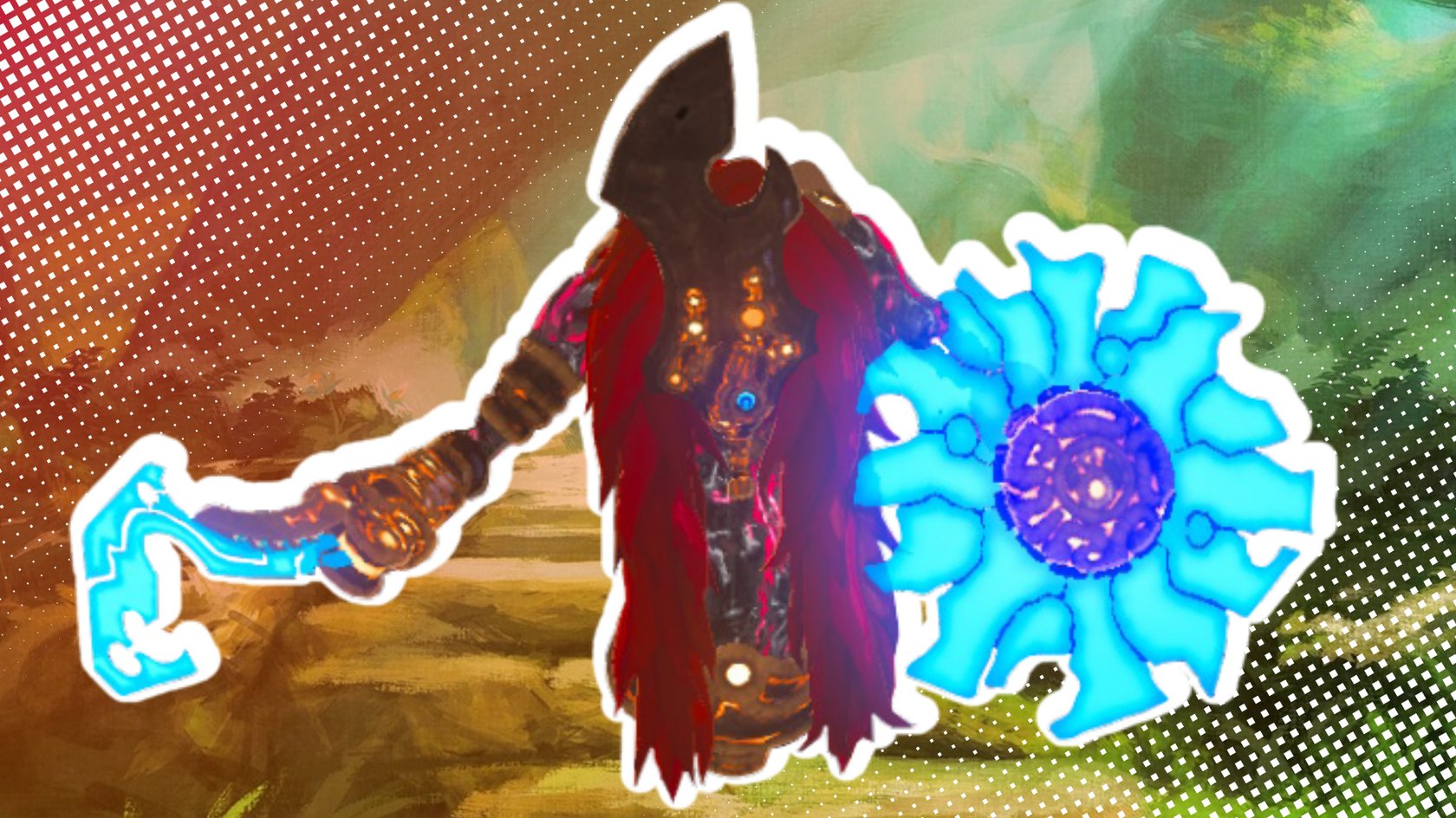 Illustration einer fantastischen Kreatur mit einem schwarzen, helmähnlichen Kopf und roten, zotteligen Verzierungen. Die Kreatur hält in der rechten Hand eine leuchtend blaue Waffe mit gezackten Kanten und in der linken Hand eine blaue, sichelförmige Klinge. Der Hintergrund zeigt eine stilisierte Landschaft mit grünen und braunen Farbtönen, überlagert von einem Raster aus weissen Punkten.