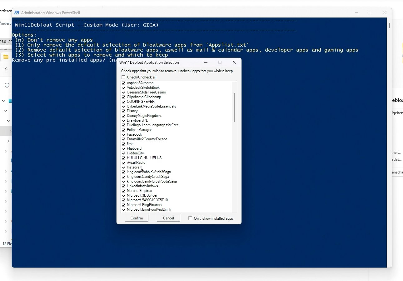 Auswahlfenster von Win11Debloat mit einigen Programmen, die entfernt werden können.