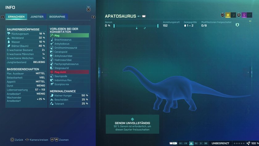 Infos zum Apatosaurus Pflanzenfresser-Dino in Jurassic World Evolution 3