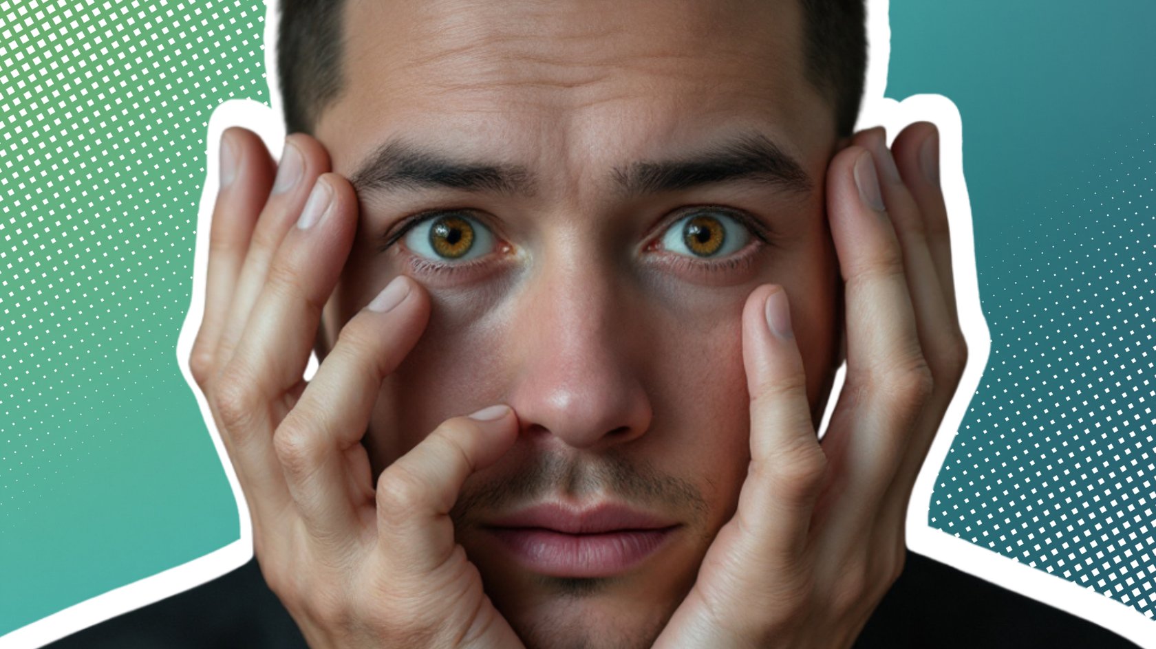 Das Bild zeigt eine Nahaufnahme eines Mannes, der mit beiden Händen sein Gesicht berührt: Seine Daumen liegen unter den Augen, während die Finger die Stirn und Wangen leicht abdecken, als ob er müde, überrascht oder nachdenklich ist. Der Hintergrund ist mit einem grün-türkisen Farbverlauf und einem transparenten Punktmuster gestaltet.