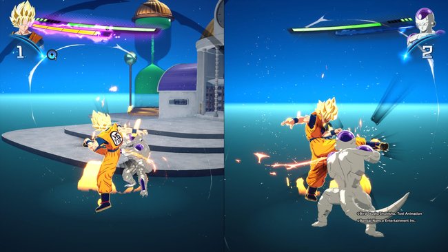 Splitscreen-Modus in Dragon Ball: Sparking Zero mit Son-Goku Super-Saiyajin gegen Freezer. 