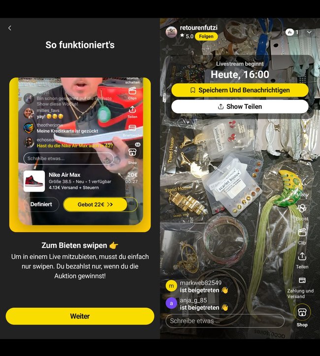 Screenshot einer App zur Live-Auktion. Links eine Erklärung mit der Überschrift "So funktioniert's", darunter eine Live-Ansicht eines Auktionators, der einen roten Nike Air Max Schuh präsentiert. Preis: 20€, Gebot bei 22€. Text: "Zum Bieten swipen" und ein gelber Button mit "Weiter". Rechts eine Vorschau auf einen Livestream mit der Ankündigung "Heute, 16:00", darunter die Option "Speichern und Benachrichtigen". Im Hintergrund diverse Schmuckstücke und Accessoires in Plastiktüten.