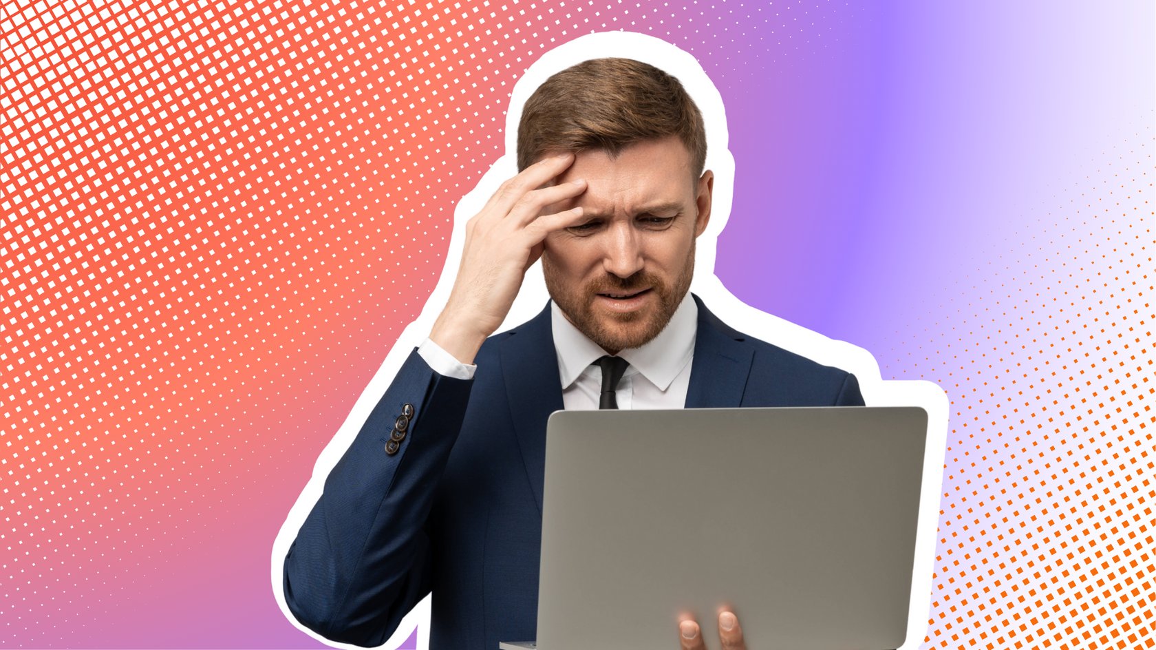 Ein Mann im Anzug hält einen Laptop und blickt mit besorgter Miene darauf, während er sich an die Stirn fasst.