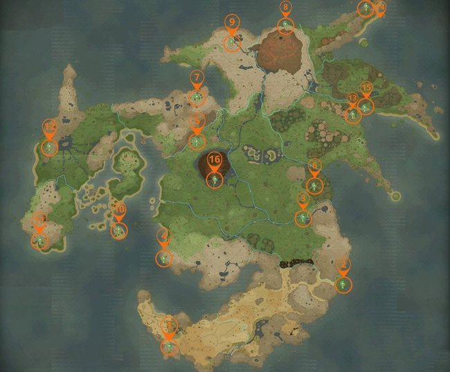 Das Bild zeigt die Fundorte aller 16 legendären Rezepte in Fantasy Life i. 