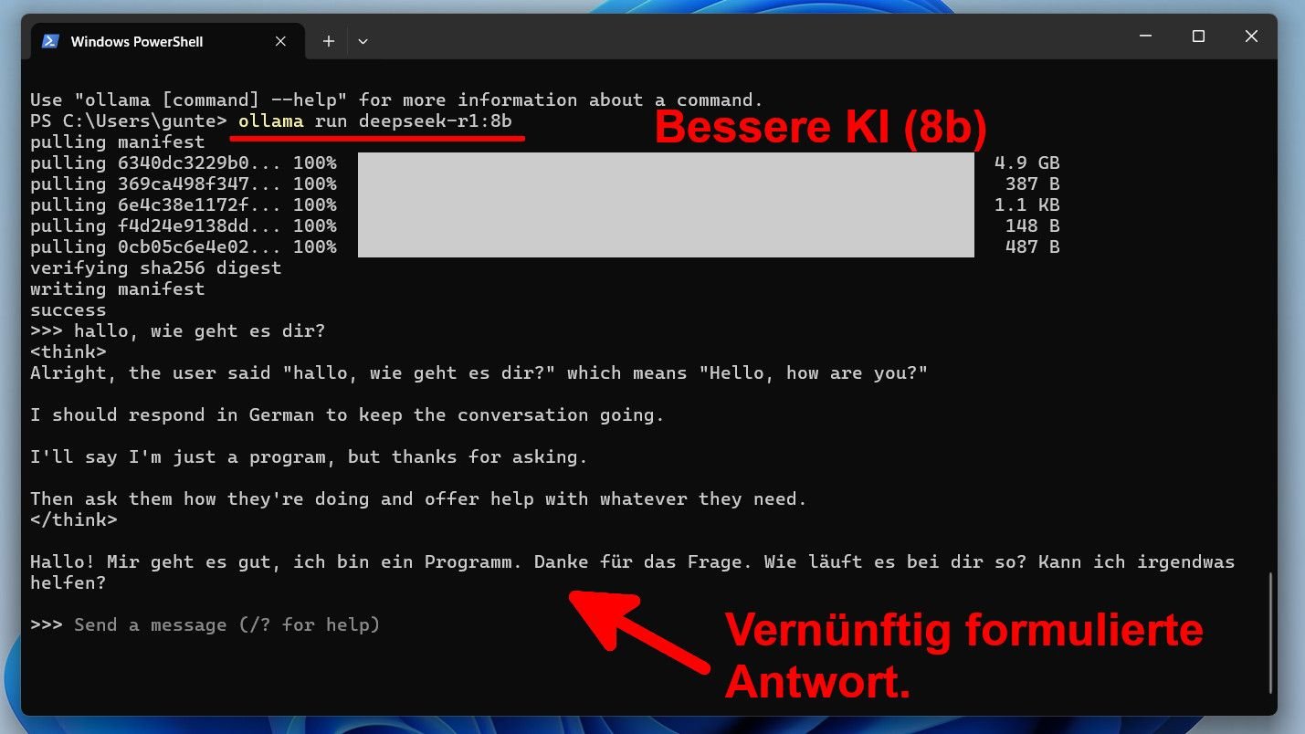 Ollama-Fenster mit 8b-Deepseek-Modell.