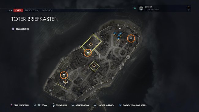 Das Bild zeigt die Map der Mission „Toter Briefkasten“, worauf die Fundorte der Steinadler markiert sind.