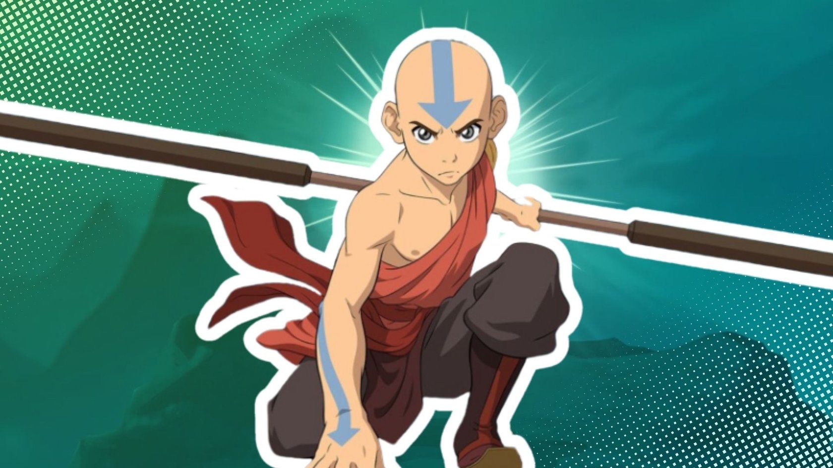 Das Bild zeigt Aang aus der Serie „Avatar: The Last Airbender“. Er ist weiß umrandet.