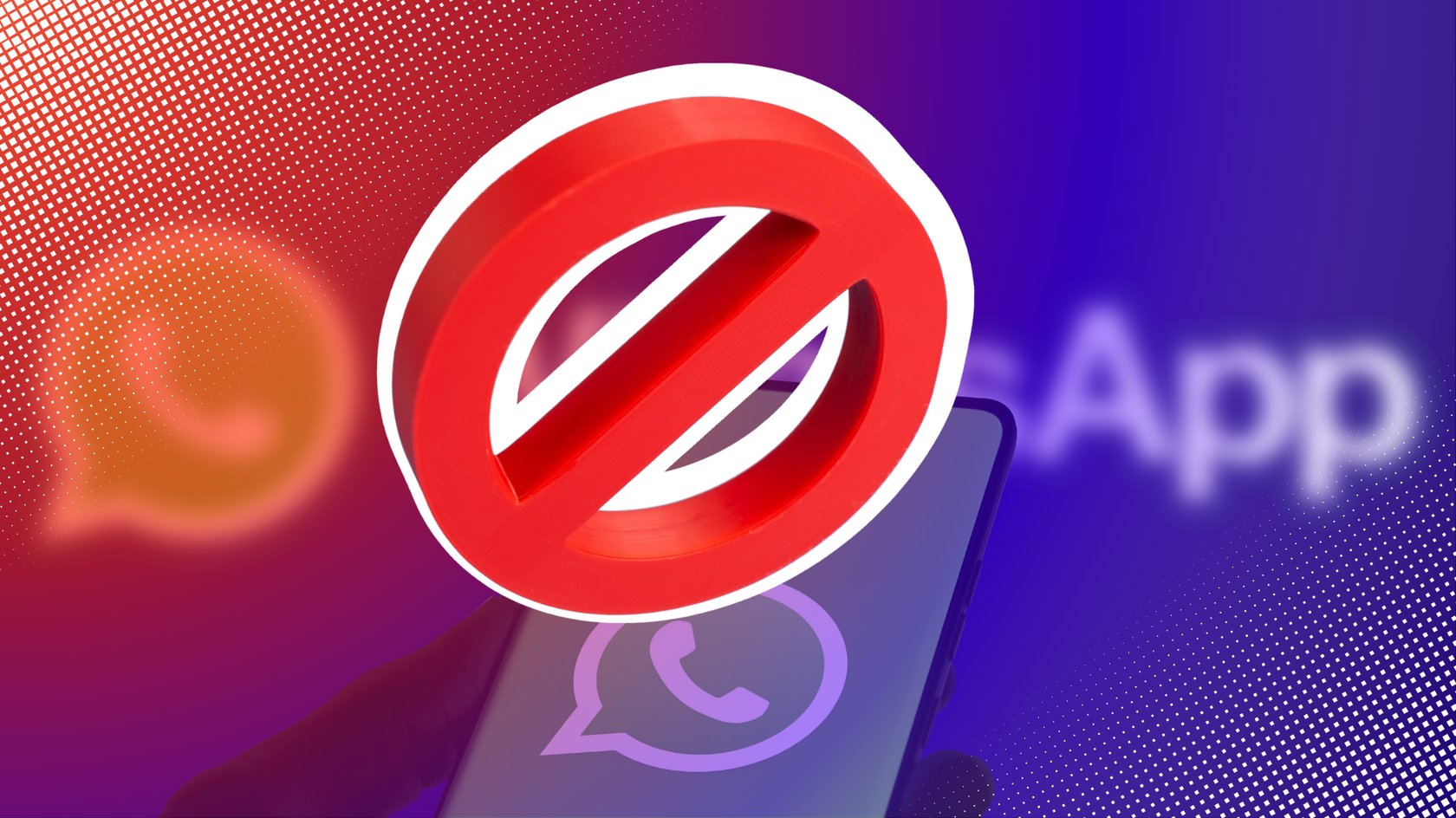 Symbol für Verbot über einem Smartphone mit WhatsApp-Logo, im Hintergrund verschwommen ein weiteres WhatsApp-Logo und der Schriftzug "App".