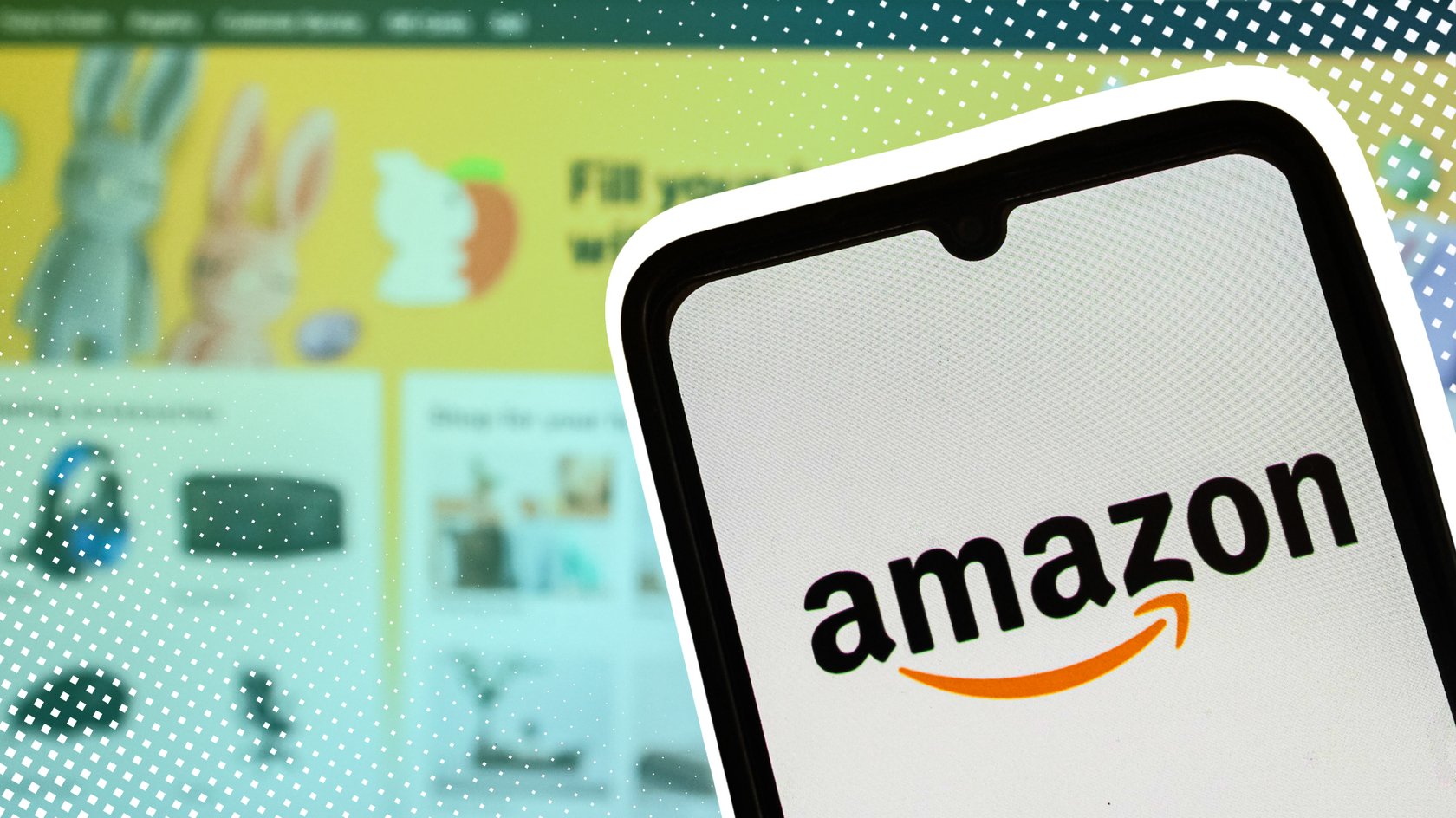 Das Amazon-Logo wird auf einem Smartphone-Bildschirm mit der Amazon-Website im Hintergrund angezeigt.