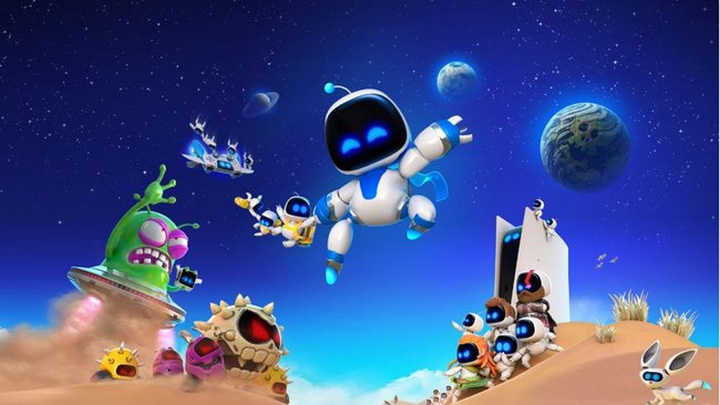 Auf dem Bild ist ein fliegender Astro Bot zu sehen. Außerdem einige Charaktere aus dem Spiel und eine PlayStation 5 im Hintergrund.