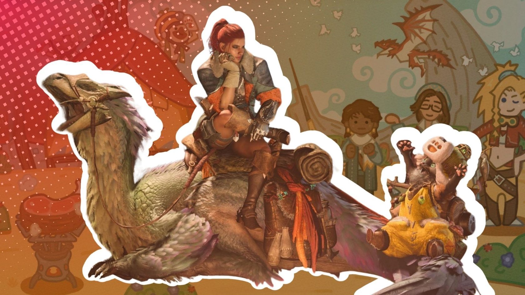 Das Jägerprofil in Monster Hunter Wilds mit dem Hauptcharakter auf seinem Reittier sitzend und einem freundlichen Palico.
