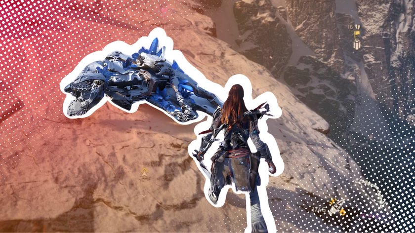 Dieses Bild zeigt eine Szene aus dem Videospiel *Horizon Zero Dawn*. Die Hauptfigur, vermutlich Aloy, steht auf felsigem Gelände und betrachtet eine große, besiegte, mechanische Kreatur. Die Szene ist mit einem grafischen Overlay versehen, das aus gepunkteten Mustern und weißen Umrissen besteht, was dem Bild einen Comic- oder Poster-Effekt verleiht.