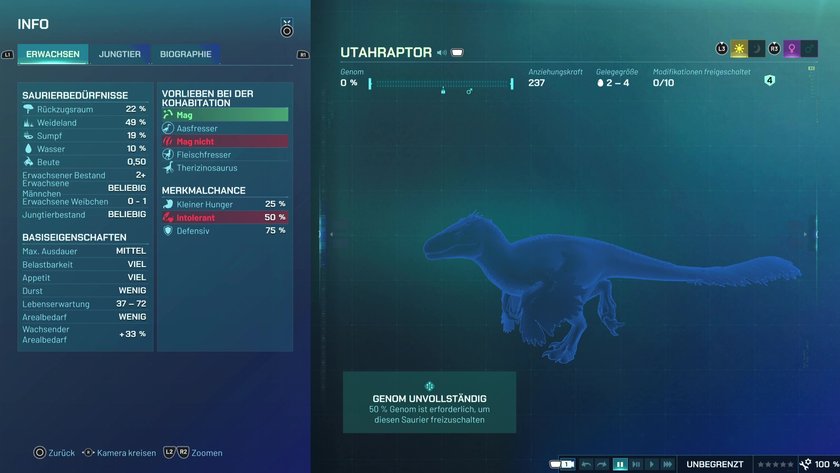 Infos zum Utahraptor Fleischfresser-Dino in Jurassic World Evolution 3