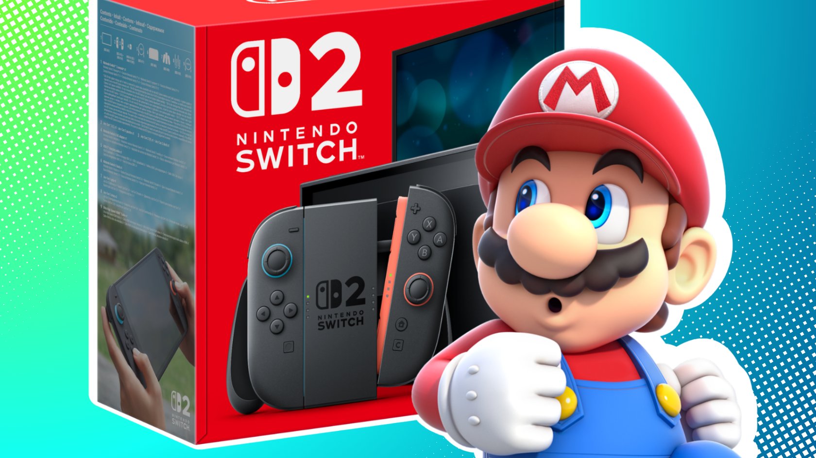 Box der Nintendo Switch 2 mit Super Mario im Vordergrund, der überrascht schaut.