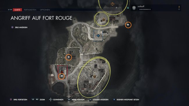 Das Bild zeigt die Map der Mission „Angriff auf Fort Rouge“, worauf die Fundorte der Steinadler markiert sind.