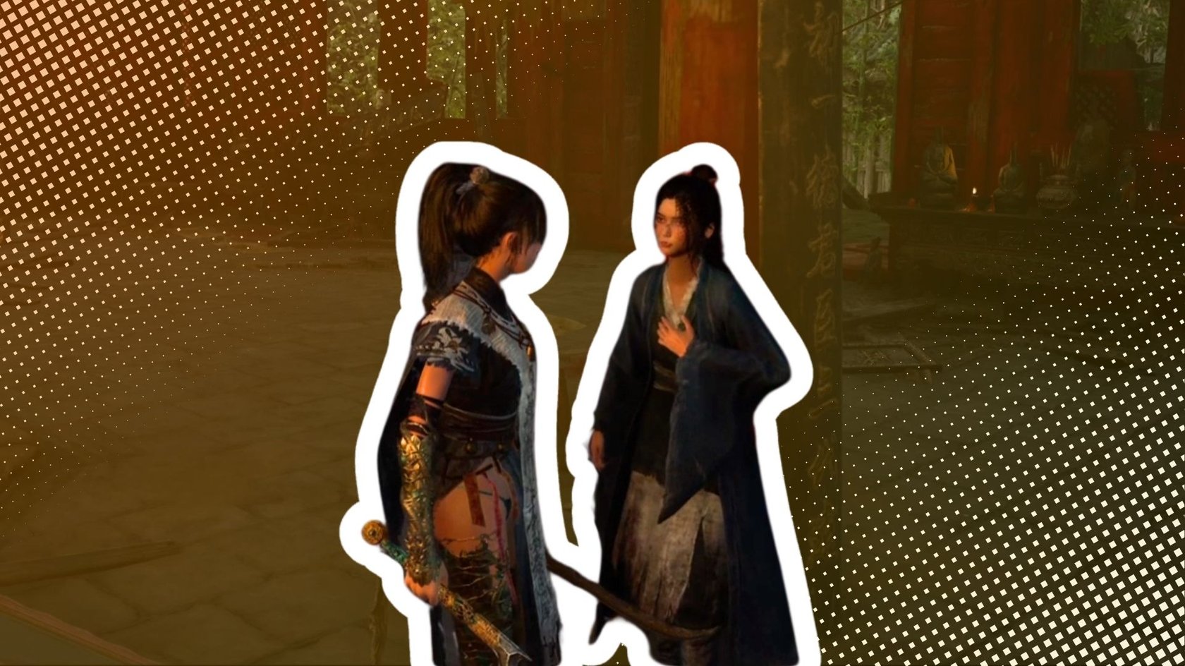 Screenshot aus einem Videospiel mit zwei weiblichen Charakteren in traditioneller asiatischer Kleidung, die sich gegenüberstehen. Die linke Figur trägt eine aufwendig verzierte Rüstung und hält ein Schwert, während die rechte Figur ein schlichteres, dunkelblaues Gewand trägt und eine Hand an die Brust legt. Der Hintergrund zeigt einen Tempelraum mit roten Säulen, Statuen und brennenden Räucherstäbchen. Das Bild ist mit einem grafischen Muster aus weißen Punkten überlagert und die Figuren sind mit weißen Umrissen hervorgehoben.