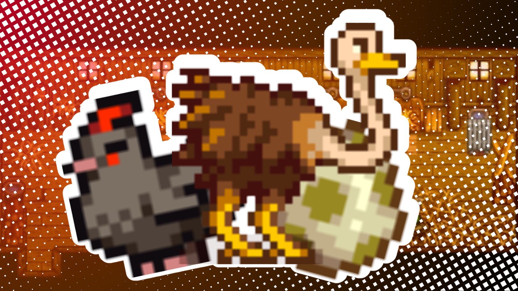 Ein Schattenhuhn, Strauß und ein Dino Ei in Stardew Valley.