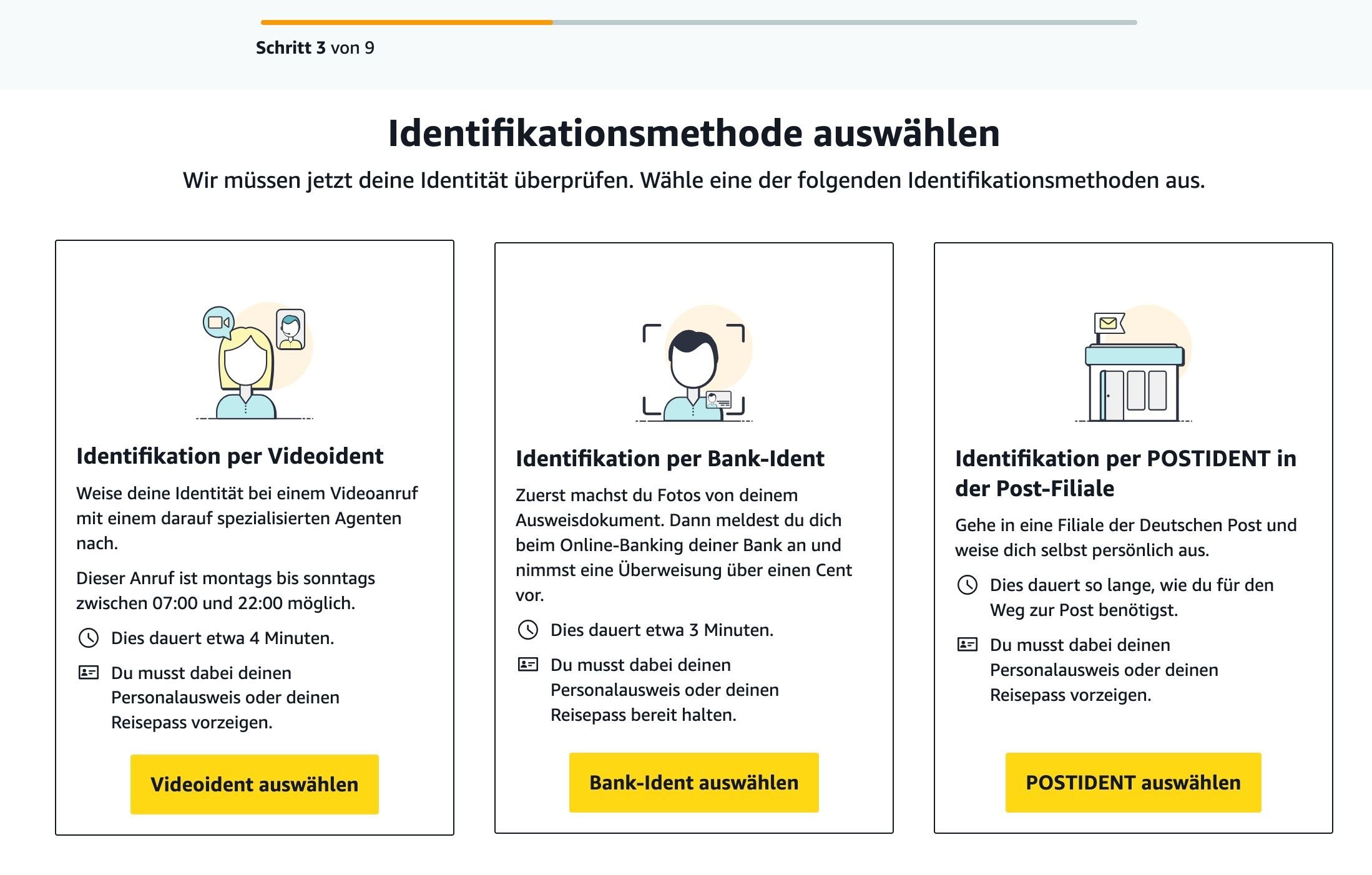 Die drei Optionen für die Identifikation bei Amazons Kreditkarte.