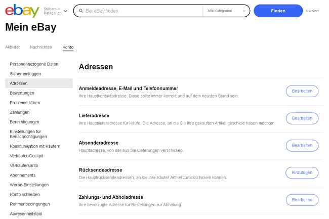 Screenshot der eBay-Seite, auf der man seine Adressen ändern kann.