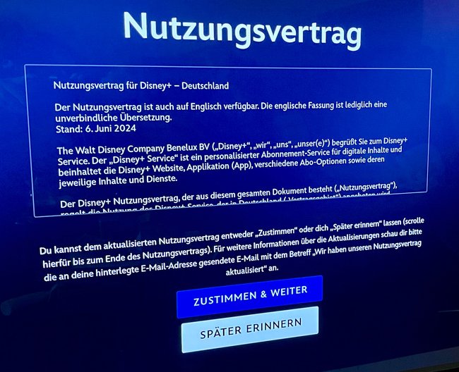 Disney+ erbittet sich die Zustimmung zum Nutzungsvertrag.