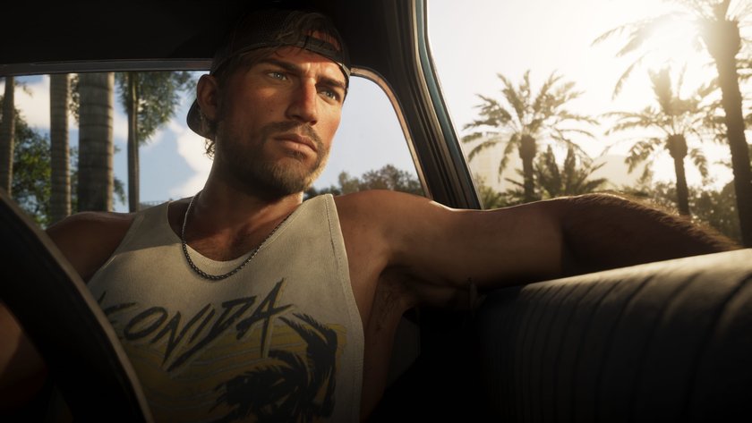 Jason Duval aus GTA 6 in einem Auto, während er aus dem Auto schaut.