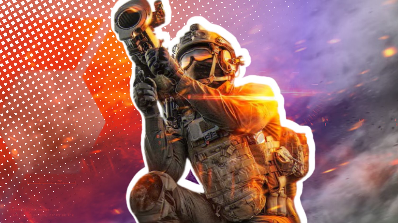 Soldat mit Panzerfaust aus Battlefield 6 vor einem roten Hintergrund.