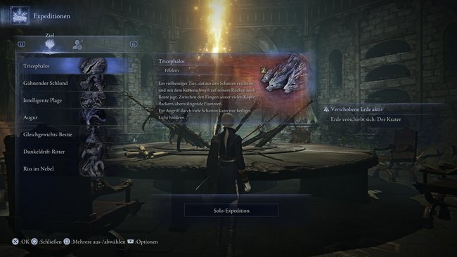 Die Hub-Welt von Elden Ring Nightreign und wie man im Menü den Einzelspieler-Modus einstellt.
