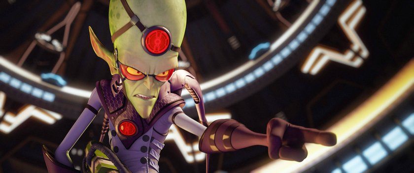 Ein grünhäutiger Alien-Wissenschaftler mit großem Kopf, roten leuchtenden Augen und futuristischem Anzug, deutet bedrohlich mit dem Finger in einer Sci-Fi-Umgebung.