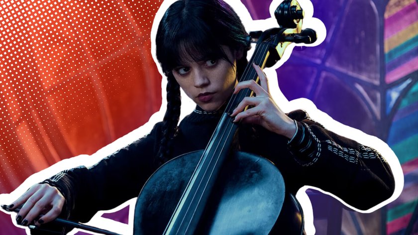 Schauspielerin Jenna Ortega spielt als Wednesday Addams das Cello