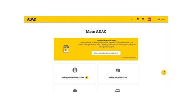 Die „Mein ADAC“-Seite der offiziellen ADAC-Website.