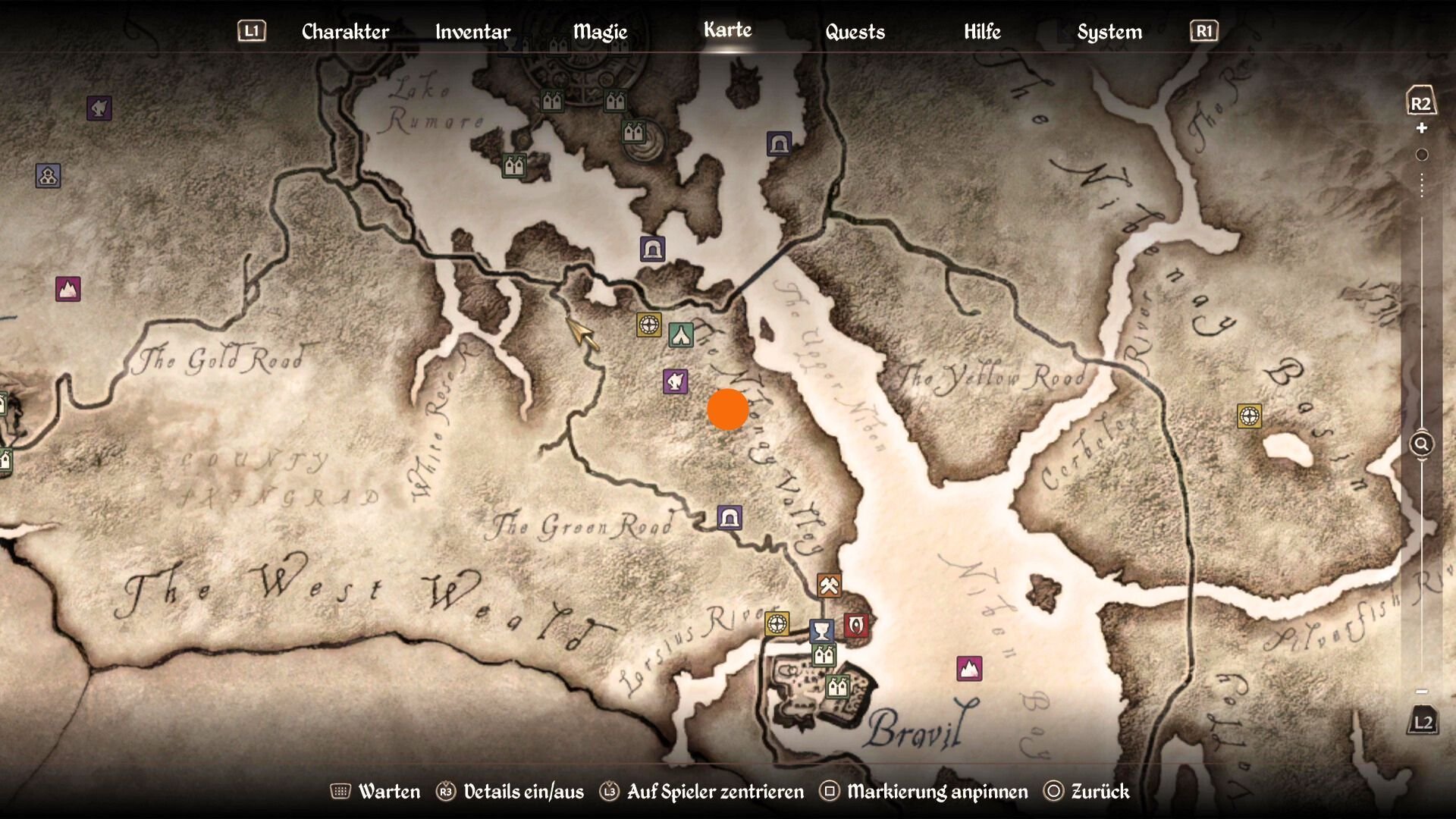 Fundort des Wegschreins Talos markiert mit einem orangen Punkt auf der Karte von Oblivion Remastered