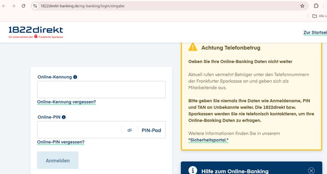 Screenshot vom Kunden-Login auf 1822direkt