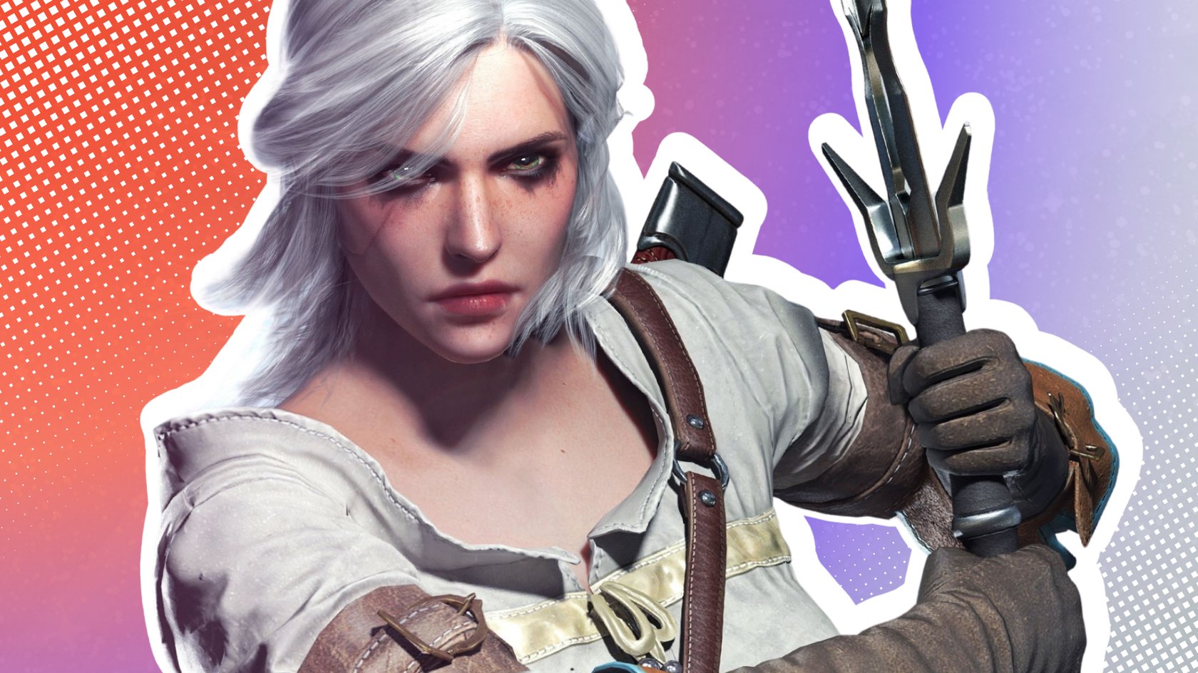 Ciri aus The Witcher 3: Wild Hunt mit gezogenem Schwert vor einem roten Hintergrund.