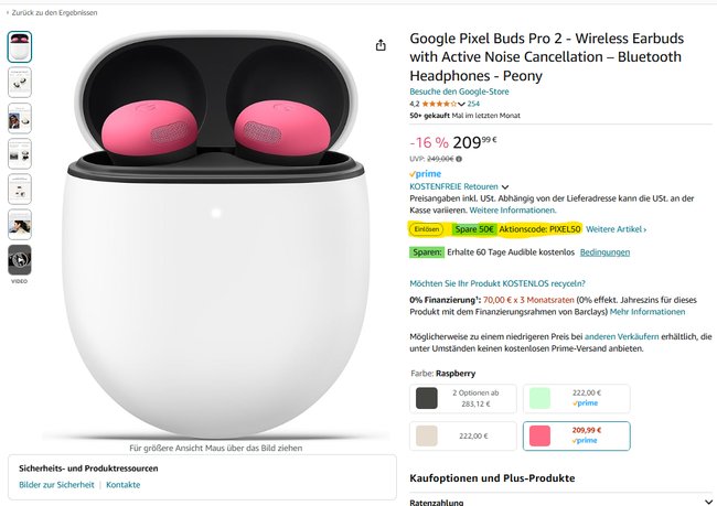 Screenshot der Amazon-Seite der Pixel Buds Pro