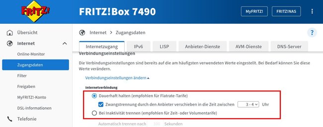 Wenn es so eine Einstellung bei euch gibt, wird die Fritzbox regelmäßig vom Internet getrennt.